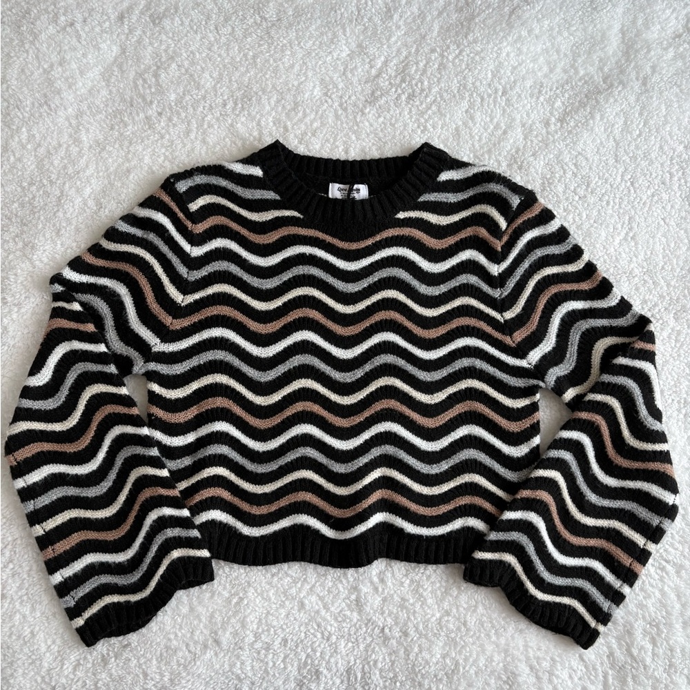 Love Knits NYC Wavy Stripe Cropped Knit Sweater Black Tan Cream XS